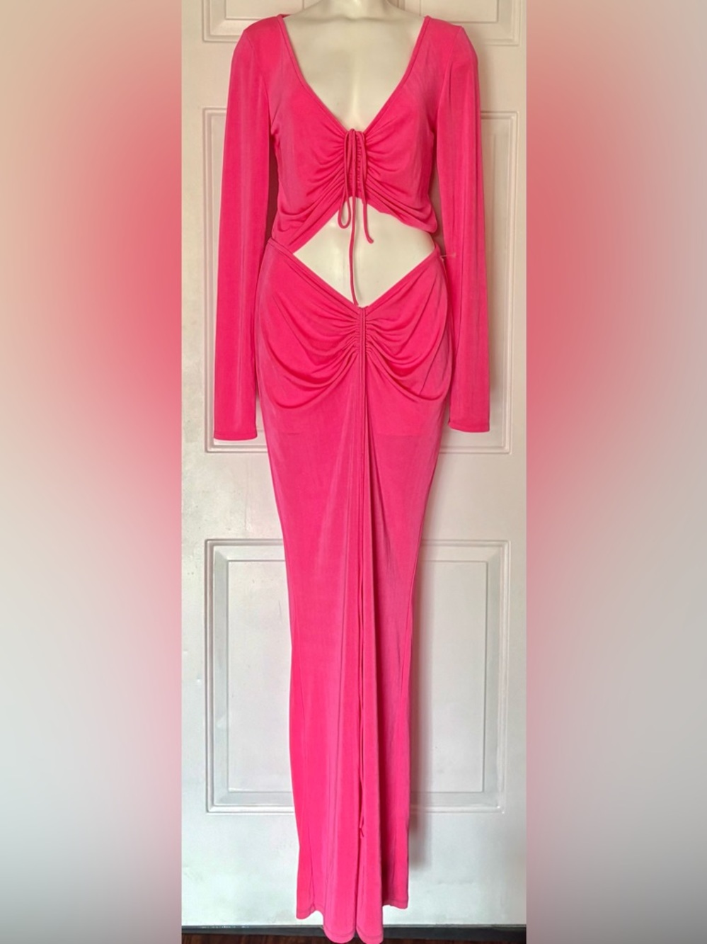 Good American Hot Pink V-Neck Ruched Long Sleeve Ribbed Top & Pants 4/6